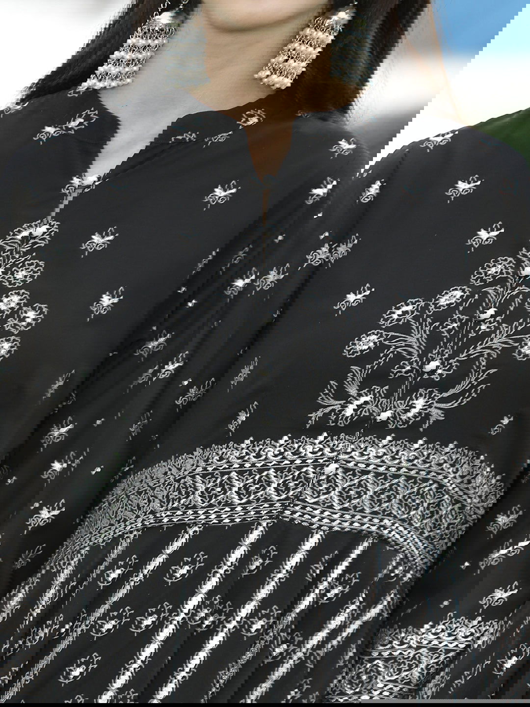 Juniper Black Ethnic Motif Printed Georgette Anarkali Kurta & Palazzo Set With Buttons