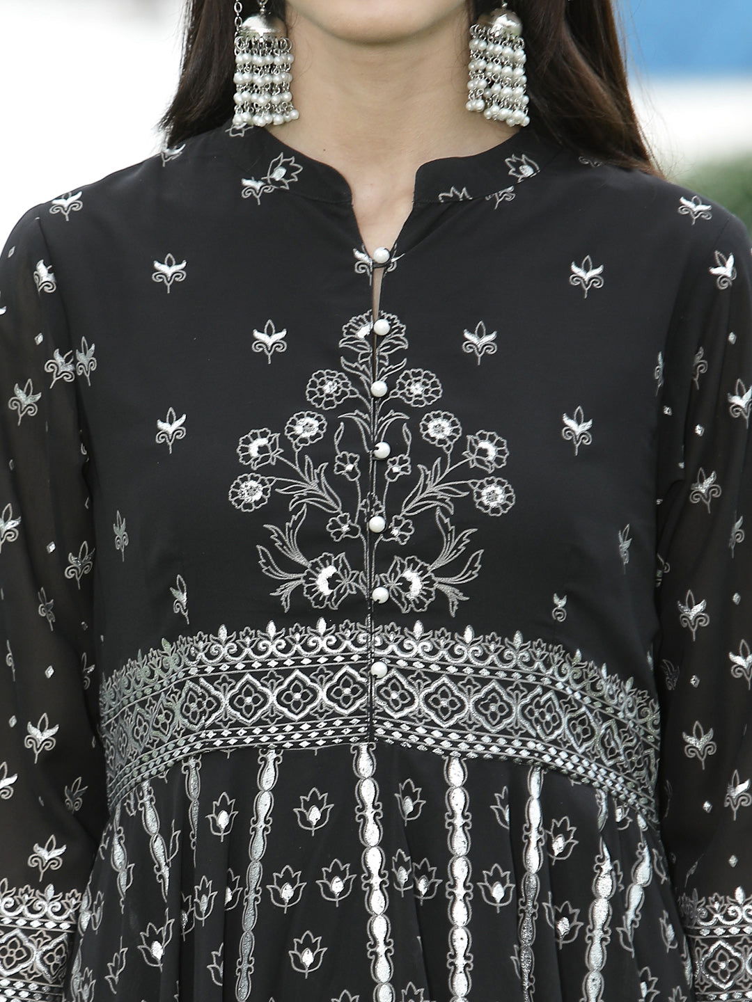 Juniper Black Ethnic Motif Printed Georgette Anarkali Kurta & Palazzo Set With Buttons