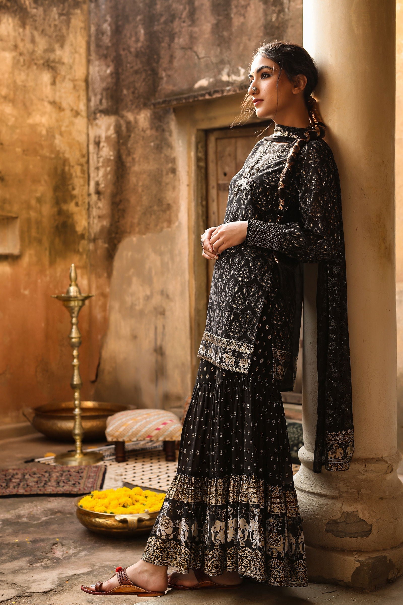 Juniper Black Ethnic Motif Printed Georgette Kurta Sharara & Dupatta Set.