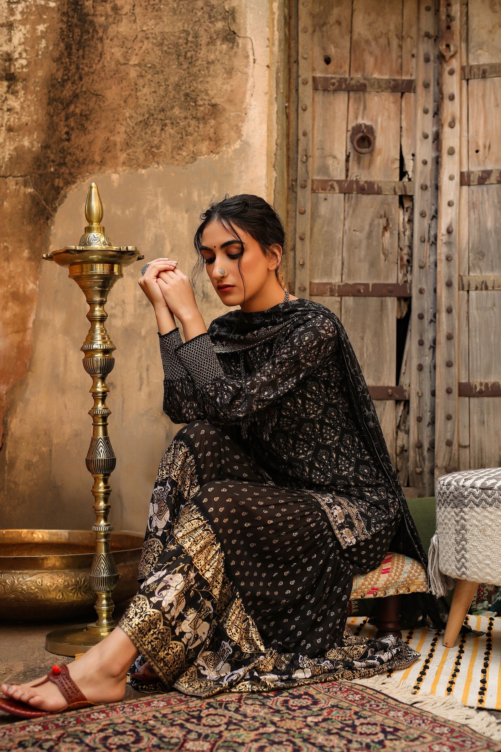 Juniper Black Ethnic Motif Printed Georgette Kurta Sharara & Dupatta Set.