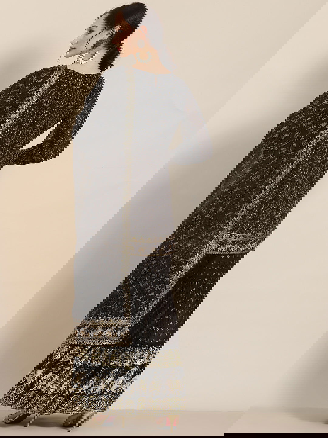 Juniper Black Ethnic Motif Printed Georgette Kurta Sharara & Dupatta Set.