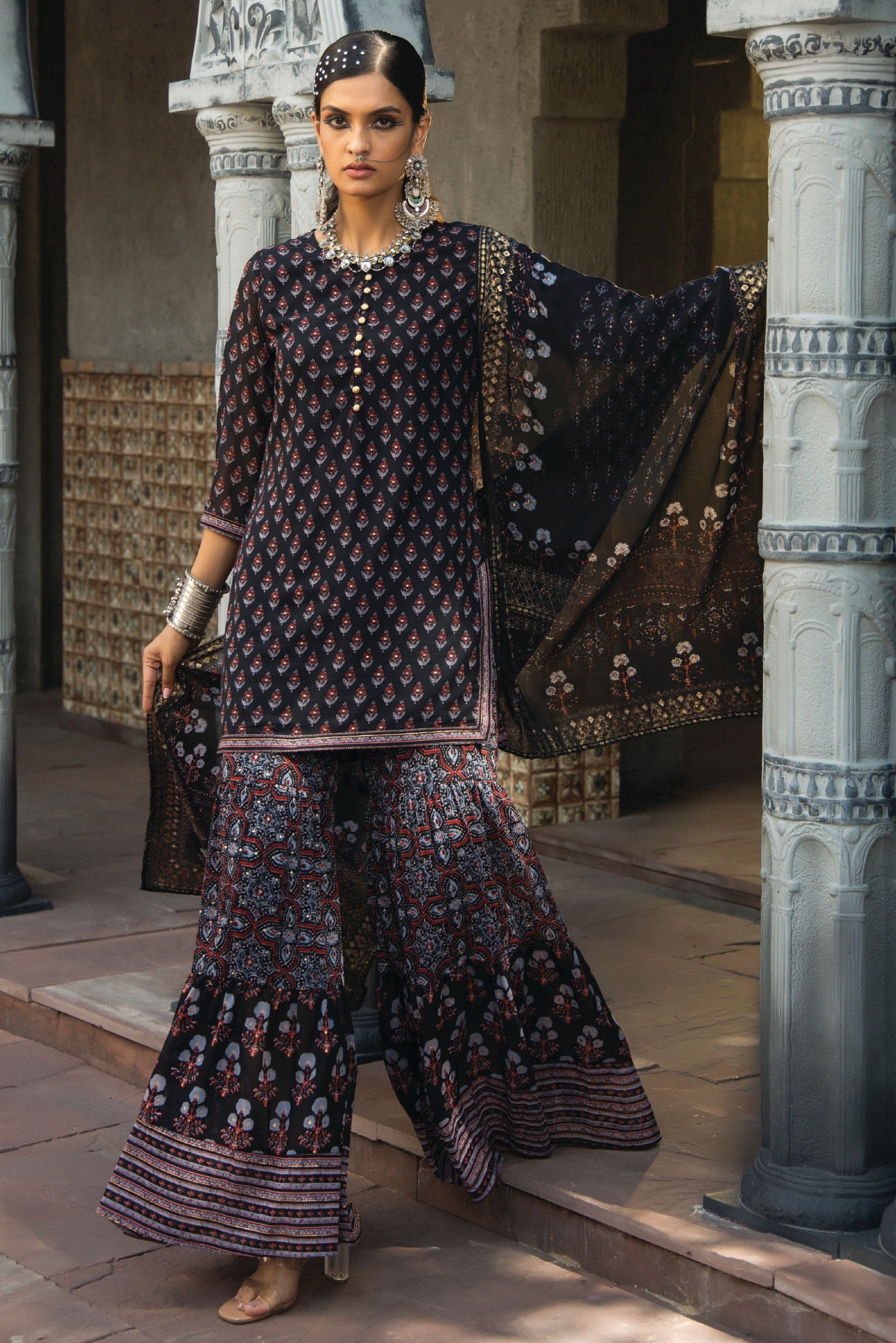 Juniper Black Ethnic Motif Printed Georgette Kurta Sharara & Dupatta Set.
