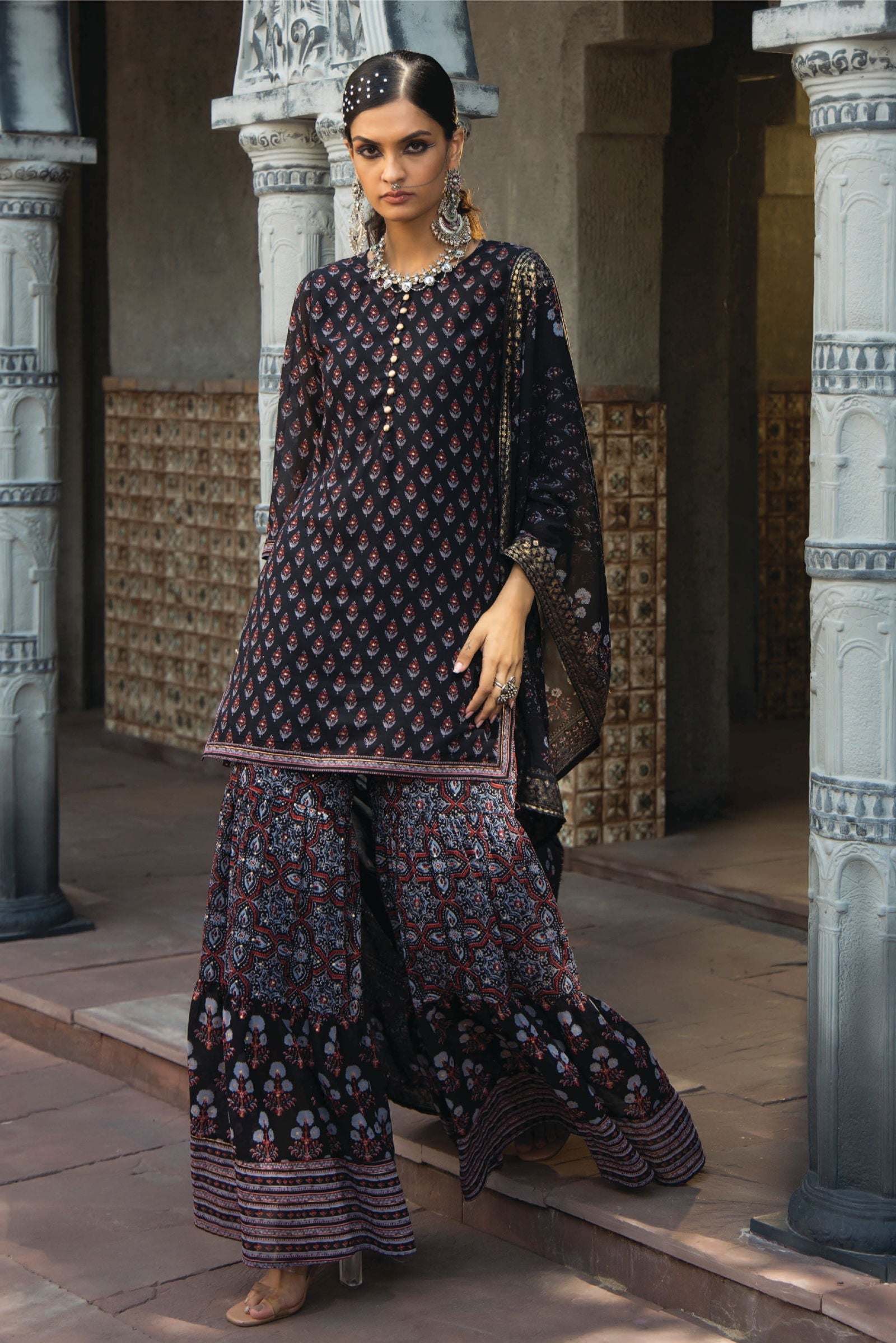 Juniper Black Ethnic Motif Printed Georgette Kurta Sharara & Dupatta Set.