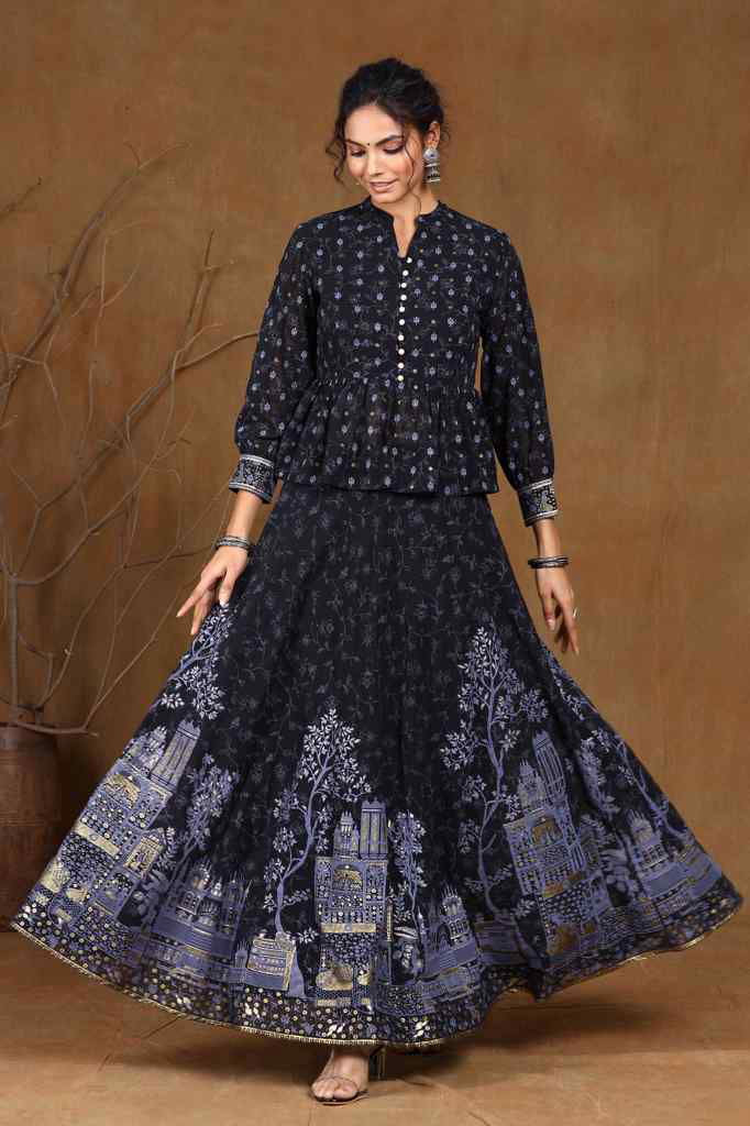 Juniper Black Ethnic Motif Printed Georgette Lehenga Choli Set.