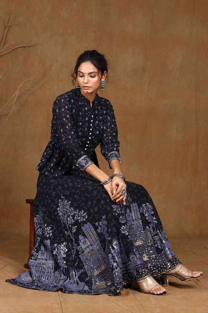 Juniper Black Ethnic Motif Printed Georgette Lehenga Choli Set.