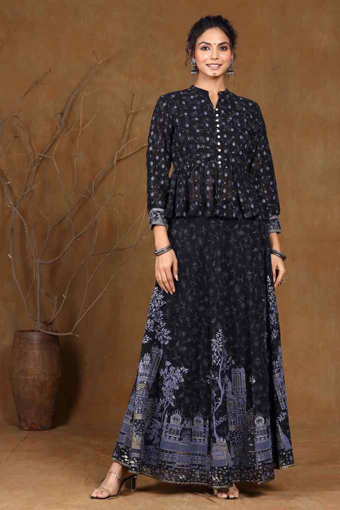 Juniper Black Ethnic Motif Printed Georgette Lehenga Choli Set.