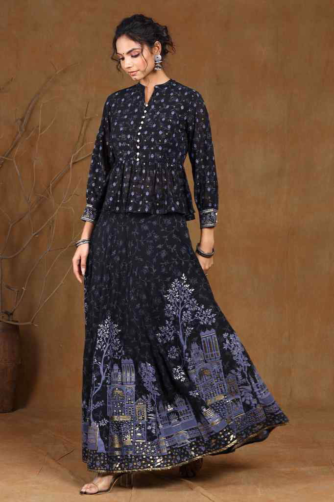Juniper Black Ethnic Motif Printed Georgette Lehenga Choli Set.