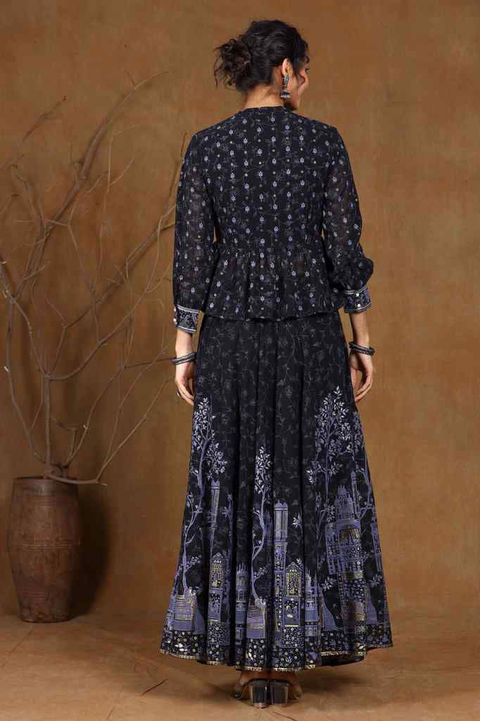 Juniper Black Ethnic Motif Printed Georgette Lehenga Choli Set.