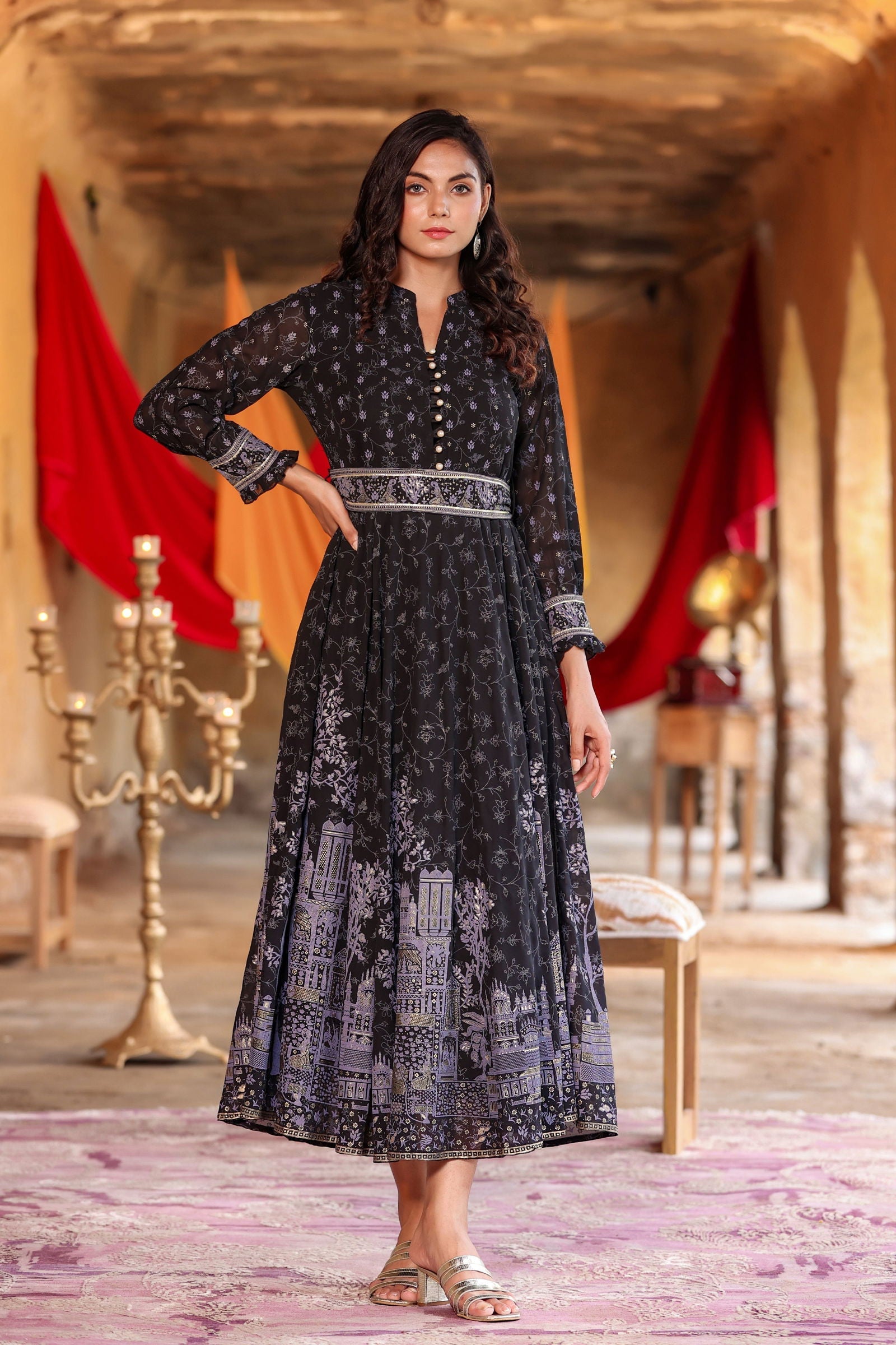 Juniper Black Ethnic Motif Printed Georgette Maxi Dress with Buttons & Gota Work