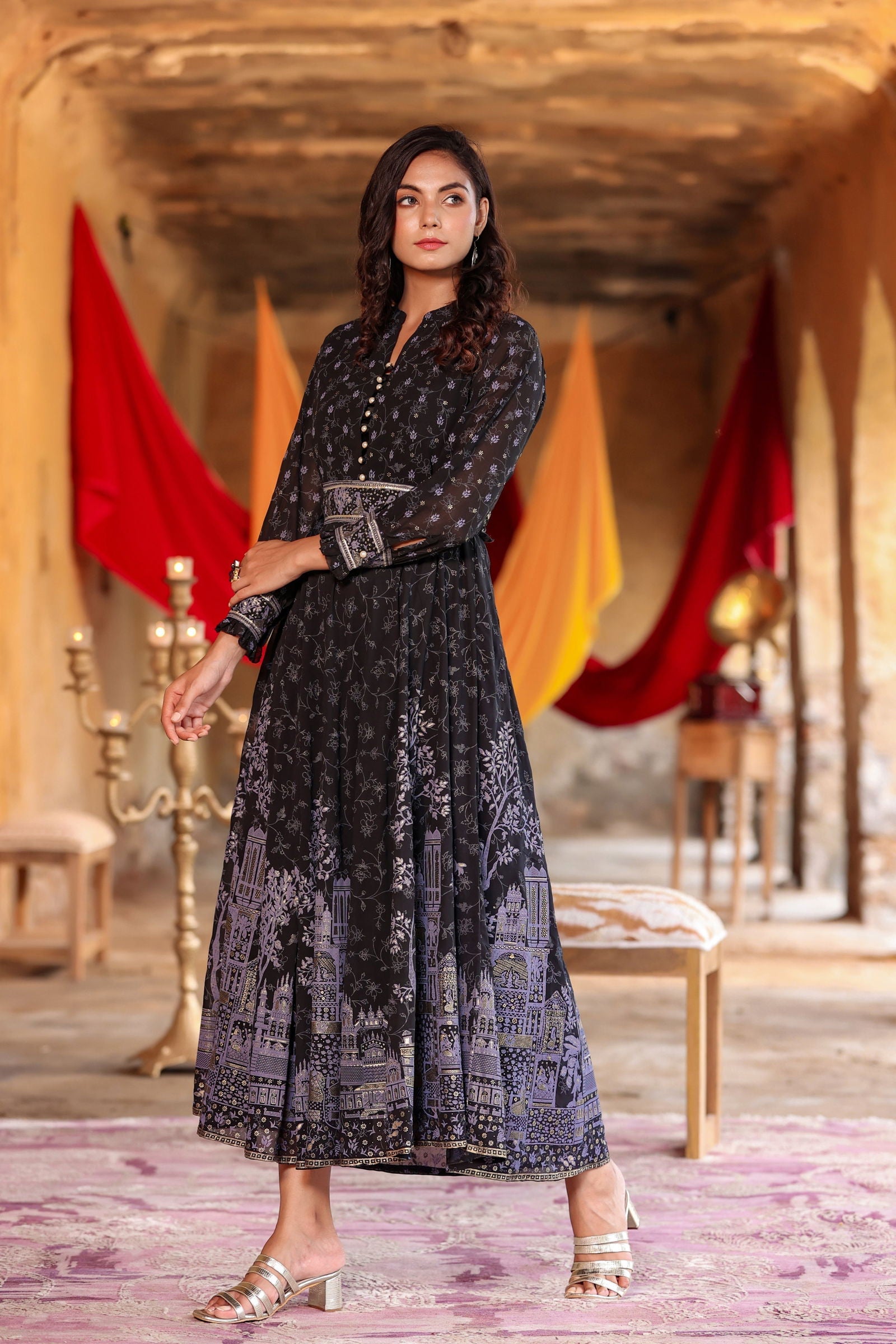Juniper Black Ethnic Motif Printed Georgette Maxi Dress with Buttons & Gota Work