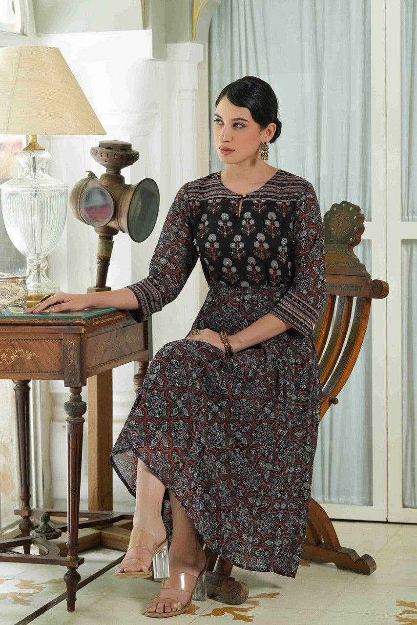 Juniper Black Ethnic Motif Printed Georgette Midi Dress with Beads Work