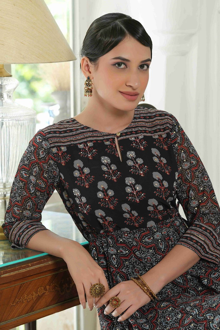 Juniper Black Ethnic Motif Printed Georgette Midi Dress with Beads Work
