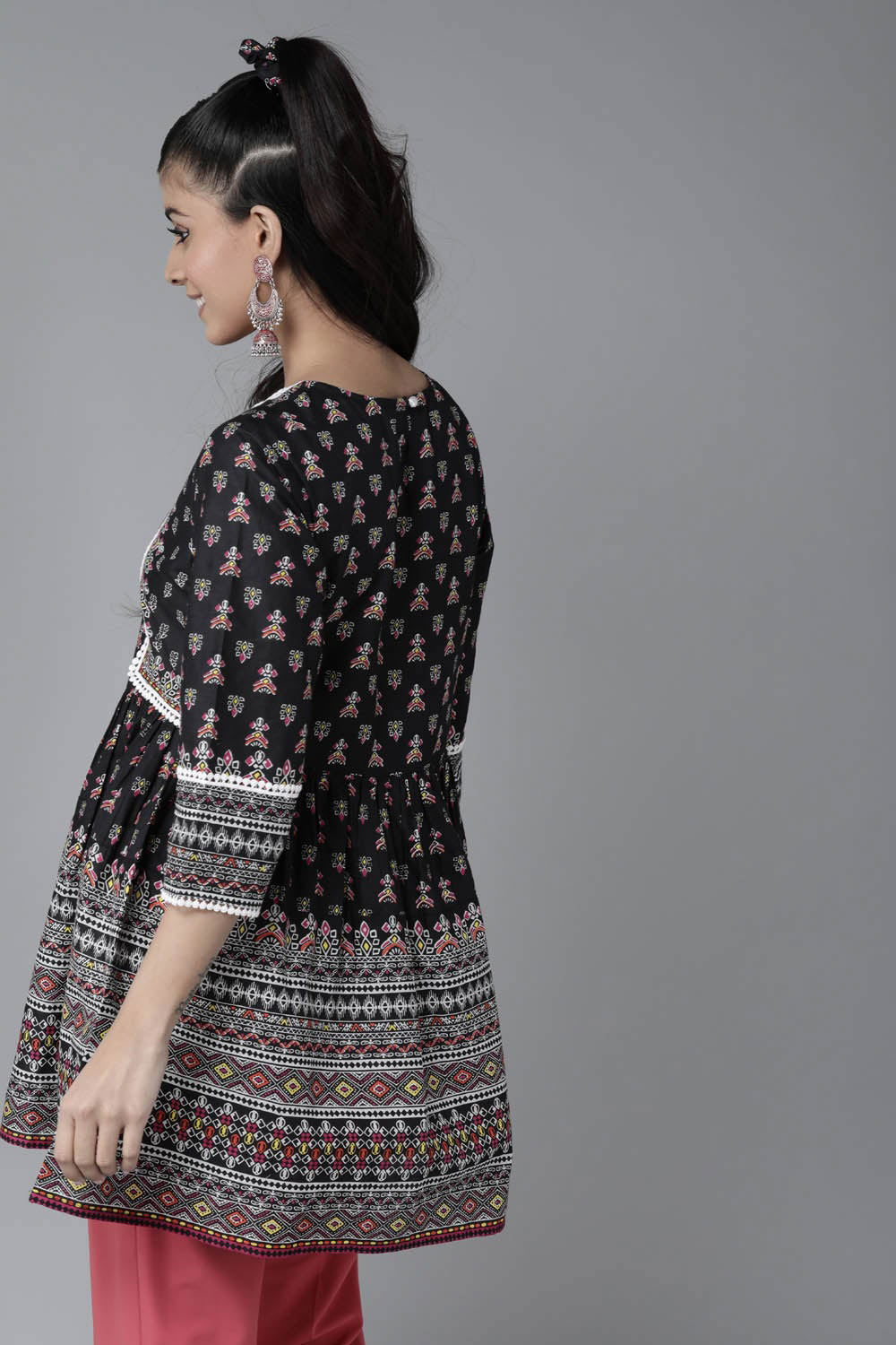 Juniper Black Ethnic Motif Printed Pure Cotton Peplum Tunic With Lace Work