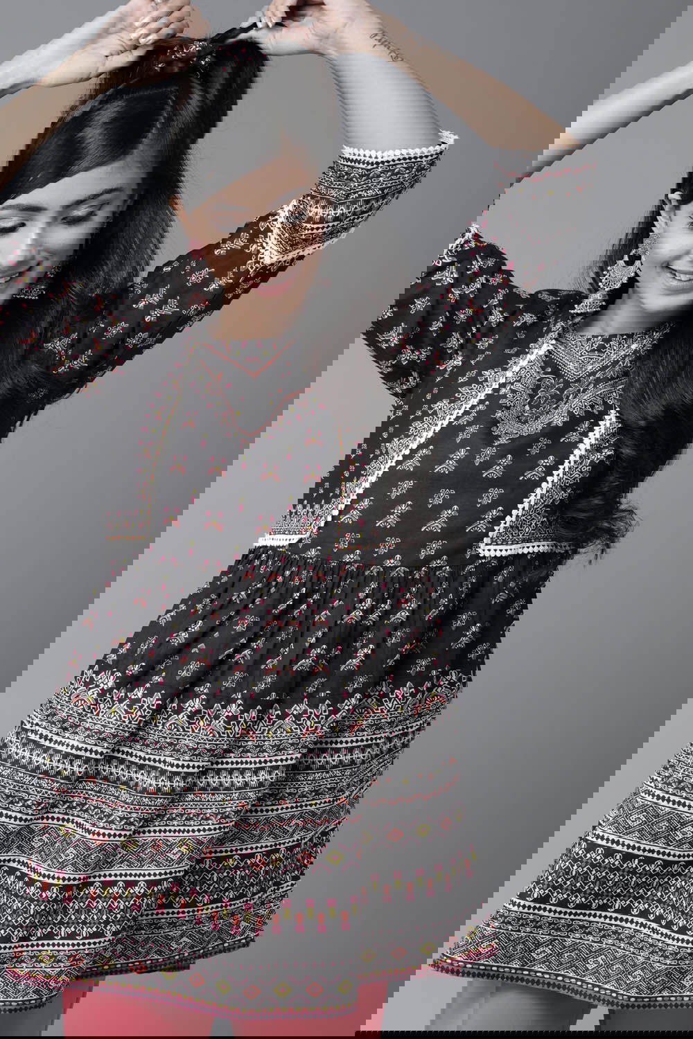 Juniper Black Ethnic Motif Printed Pure Cotton Peplum Tunic With Lace Work