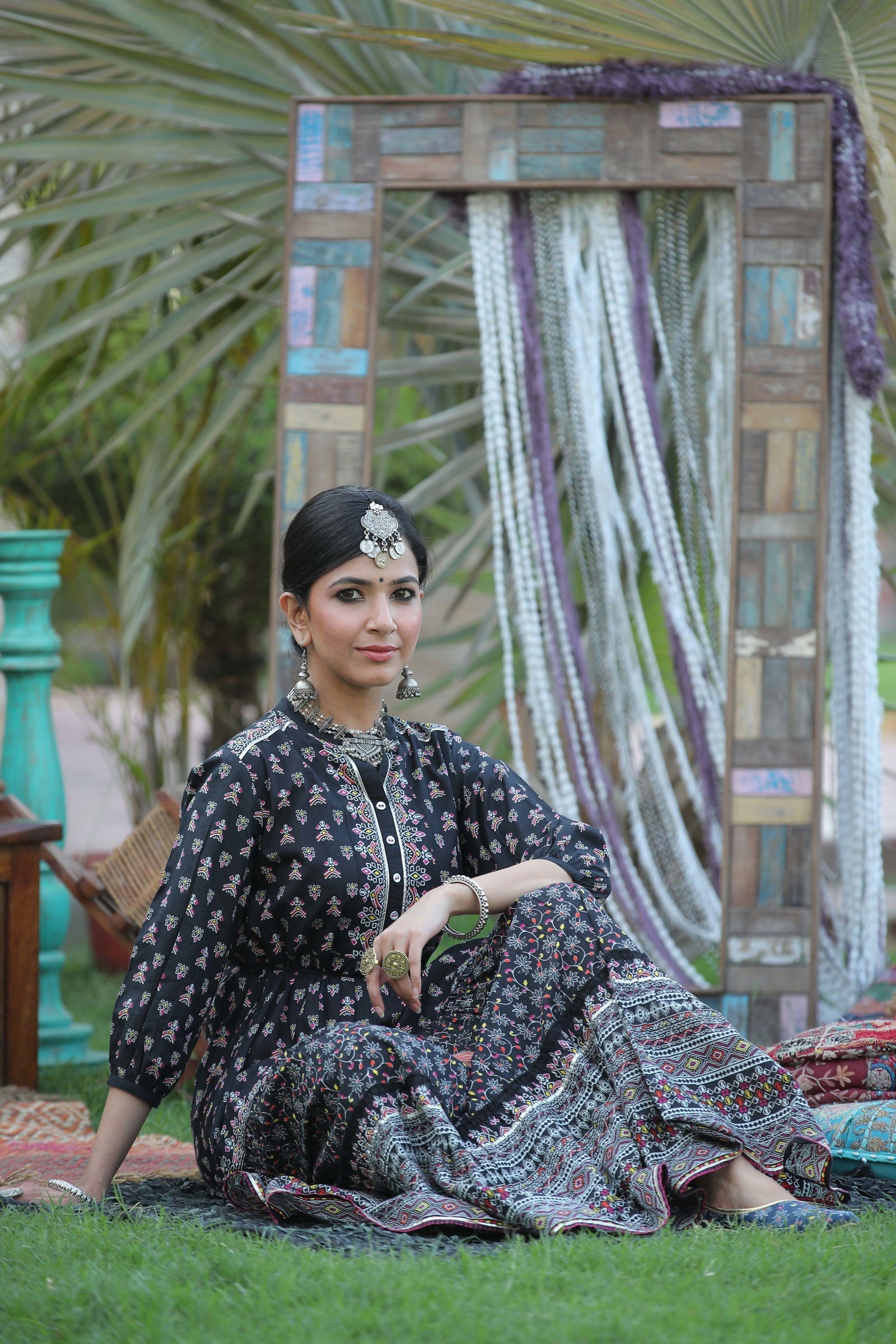 Juniper Black Ethnic Motif Printed Pure Cotton Tiered Maxi Dress.