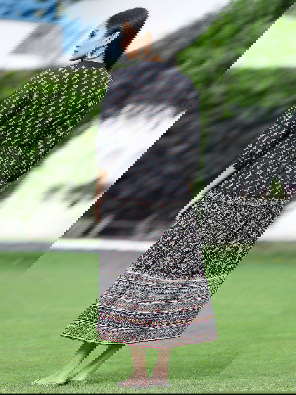 Juniper Black Ethnic Motif Printed Pure Cotton Tiered Maxi Dress.