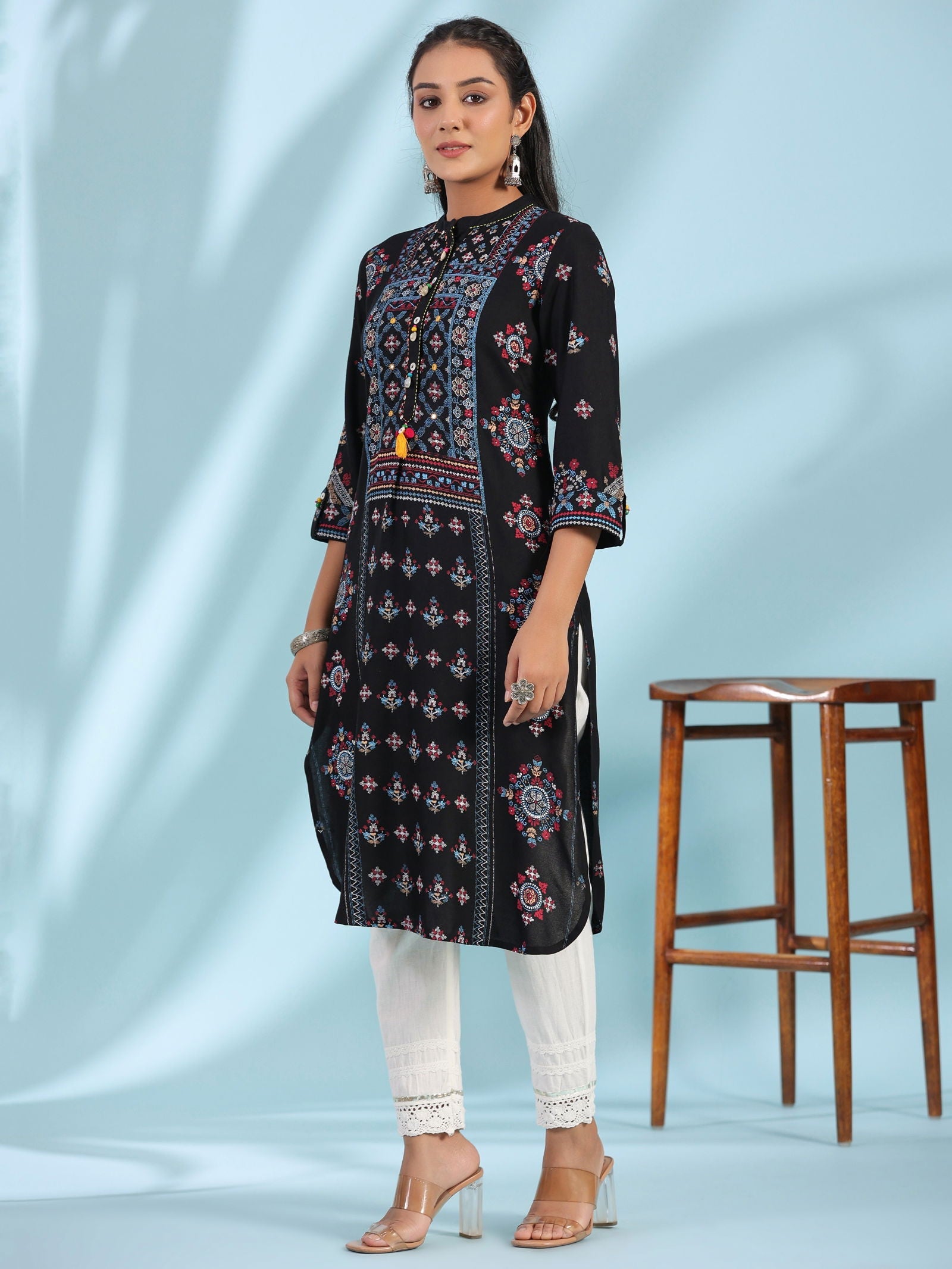 Juniper Black Ethnic Motif Printed Rayon Calf Length Straight Kurta With Kaudis Kantha Work & Sequins