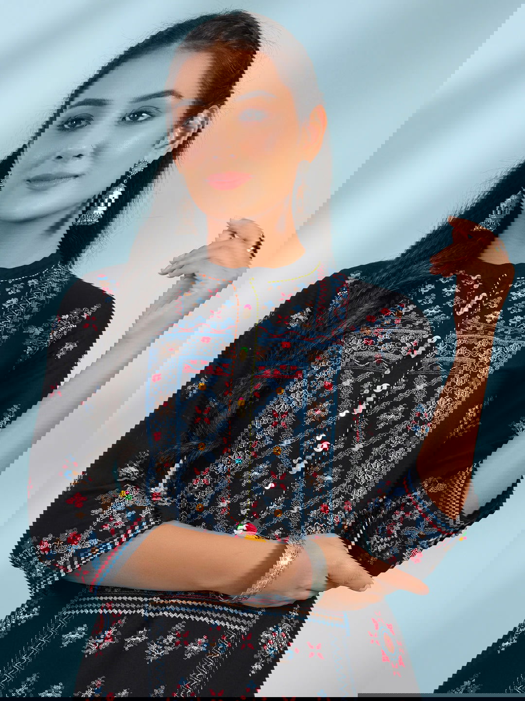 Juniper Black Ethnic Motif Printed Rayon Calf Length Straight Kurta With Kaudis Kantha Work & Sequins