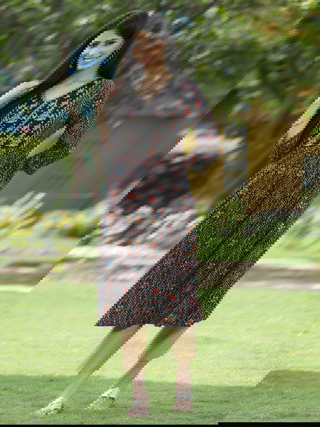 Juniper Black Ethnic Motif Printed Rayon Flared Kurta.