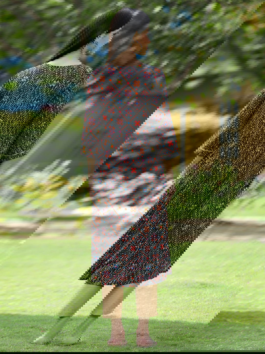 Juniper Black Ethnic Motif Printed Rayon Flared Kurta.