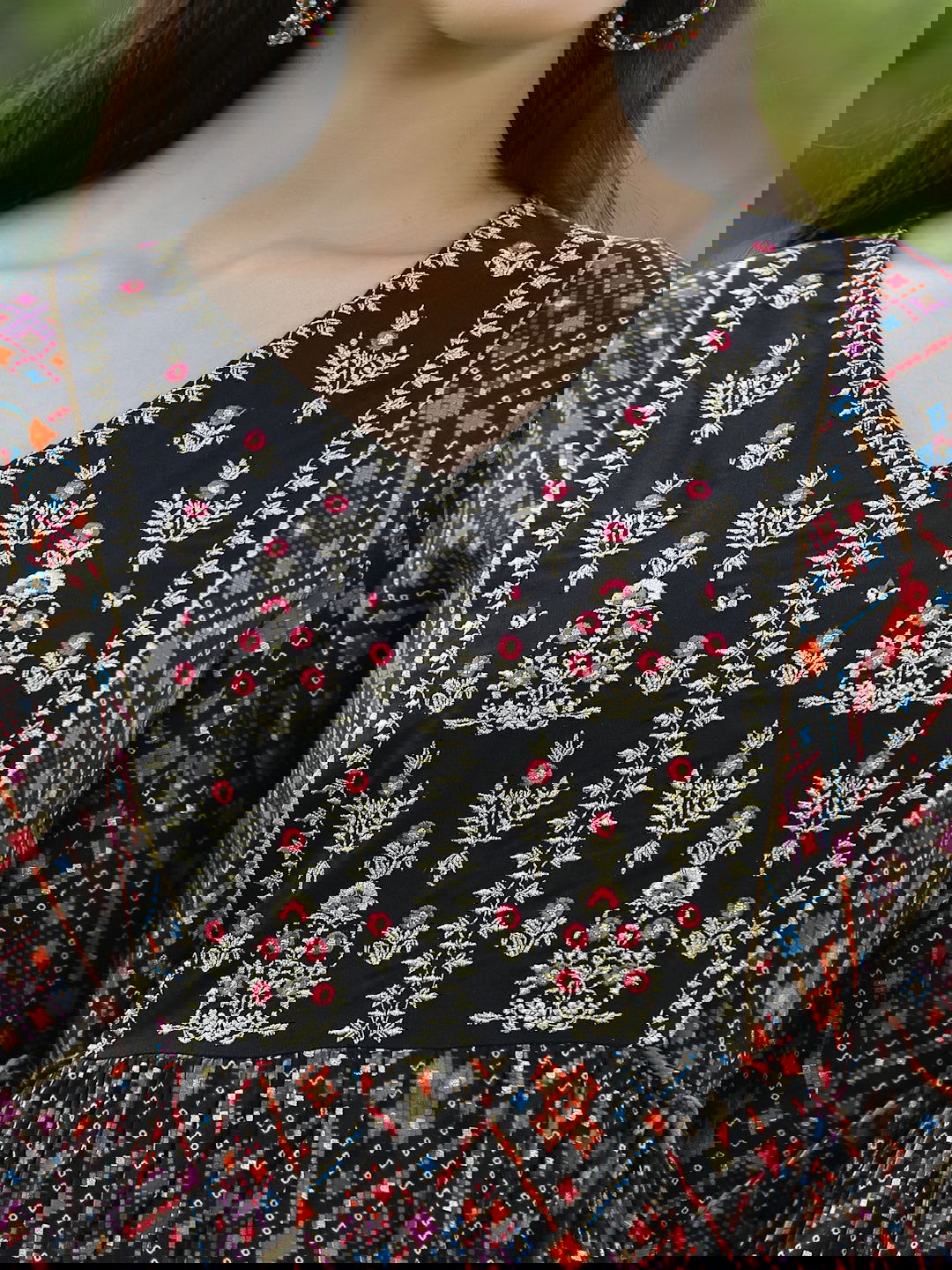 Juniper Black Ethnic Motif Printed Rayon Flared Kurta.