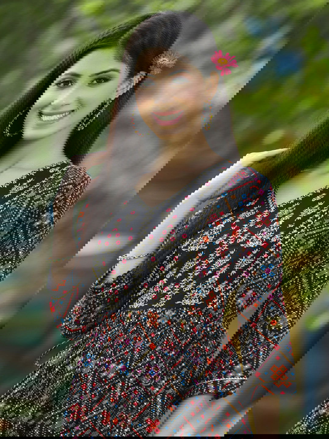 Juniper Black Ethnic Motif Printed Rayon Flared Kurta.