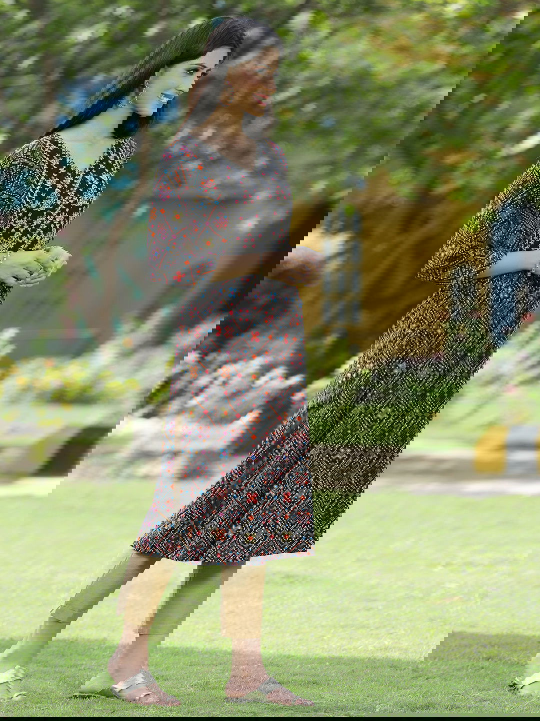 Juniper Black Ethnic Motif Printed Rayon Flared Kurta.