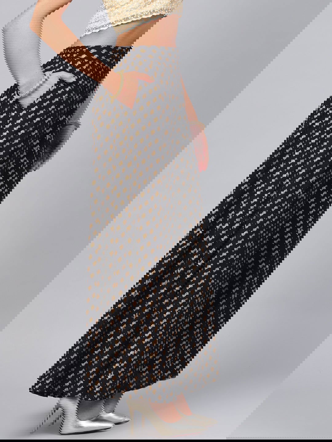 Juniper Black Ethnic Motif Printed Rayon Flared Women Palazzo With One Pocket