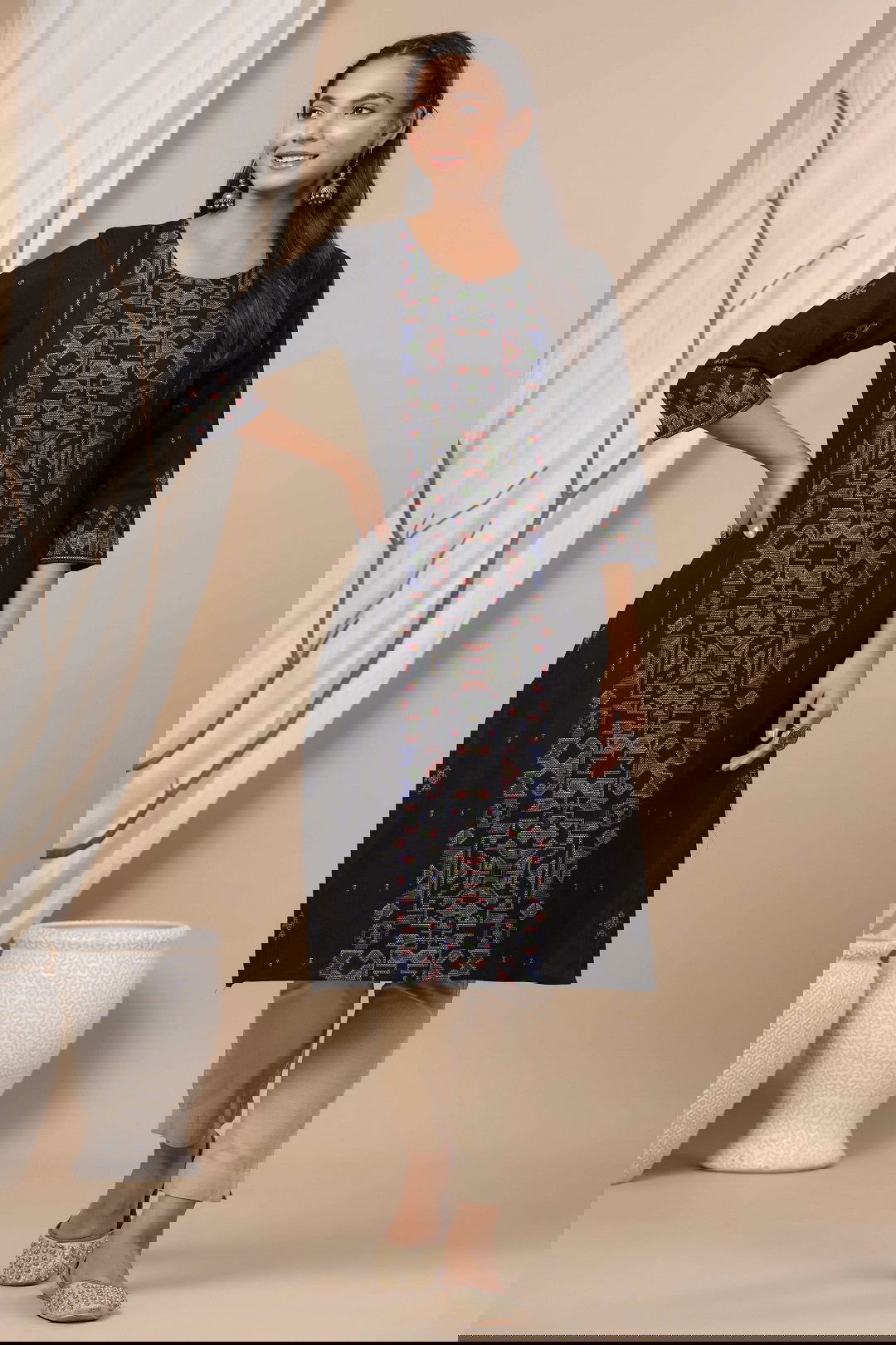 Juniper Black Ethnic Motif Printed Rayon Flex Straight Kurta.