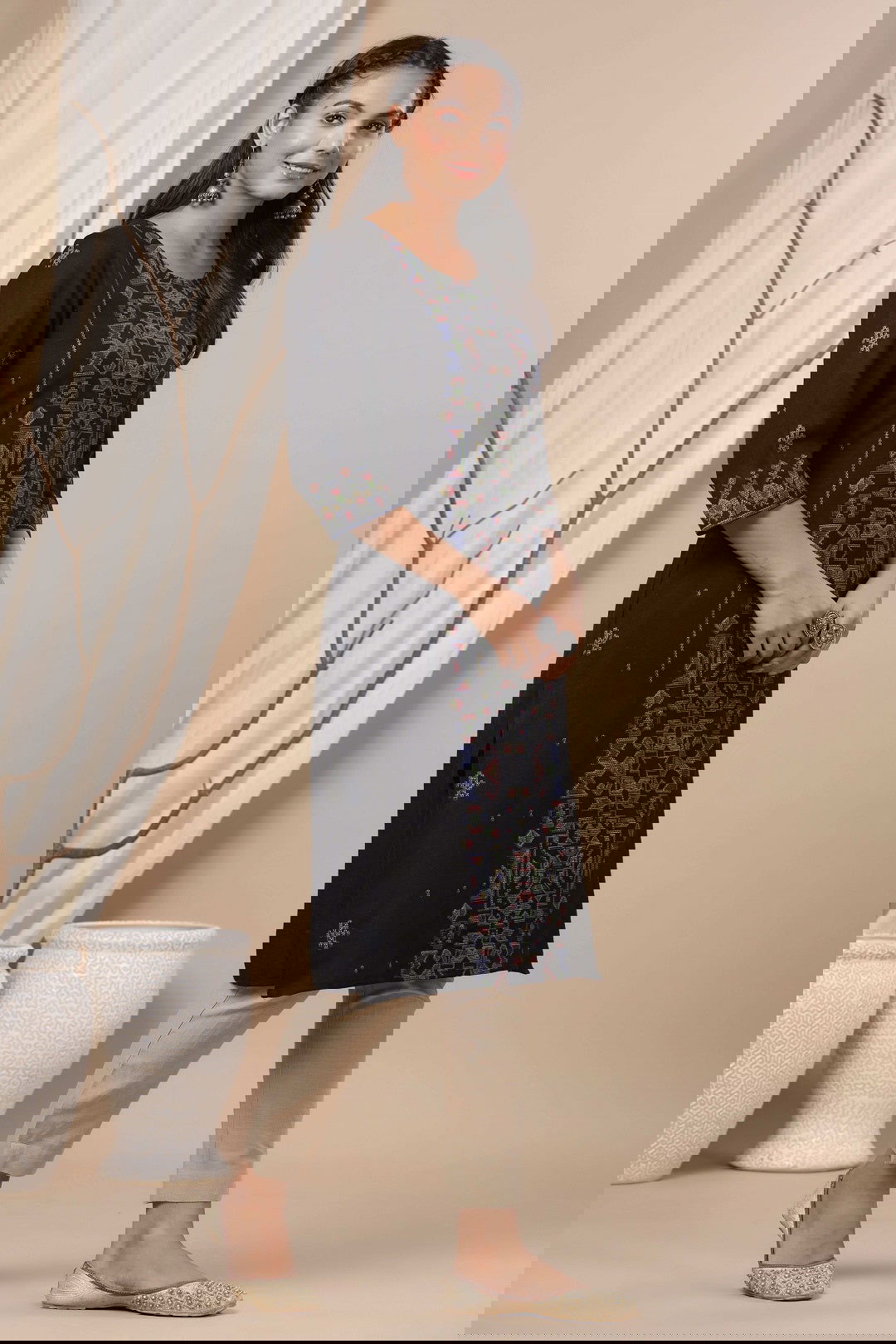 Juniper Black Ethnic Motif Printed Rayon Flex Straight Kurta.