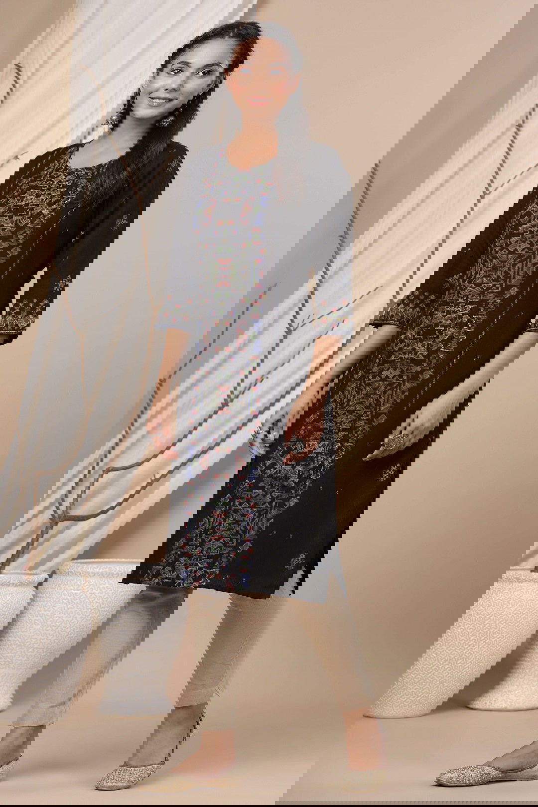 Juniper Black Ethnic Motif Printed Rayon Flex Straight Kurta.