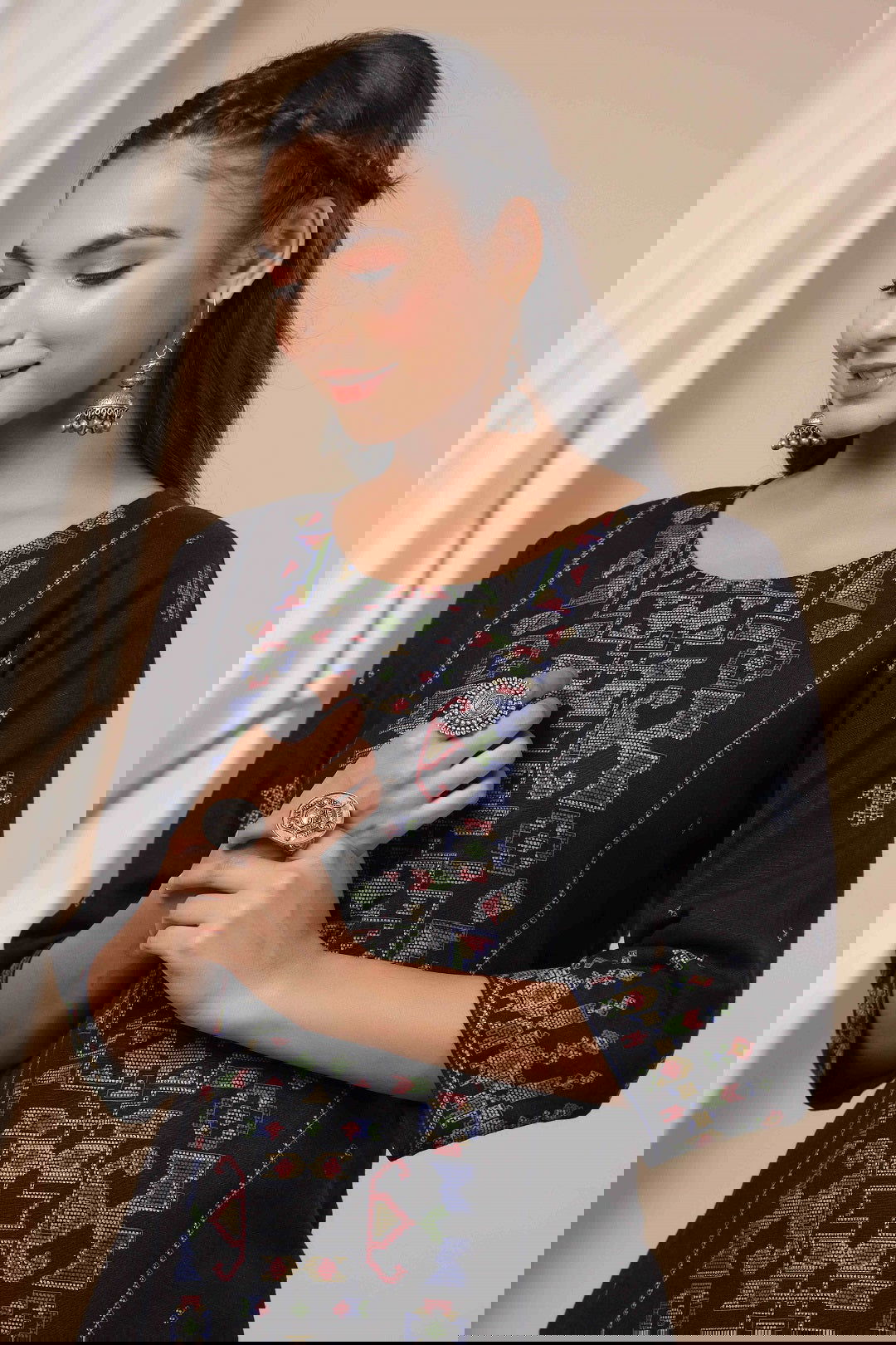 Juniper Black Ethnic Motif Printed Rayon Flex Straight Kurta.