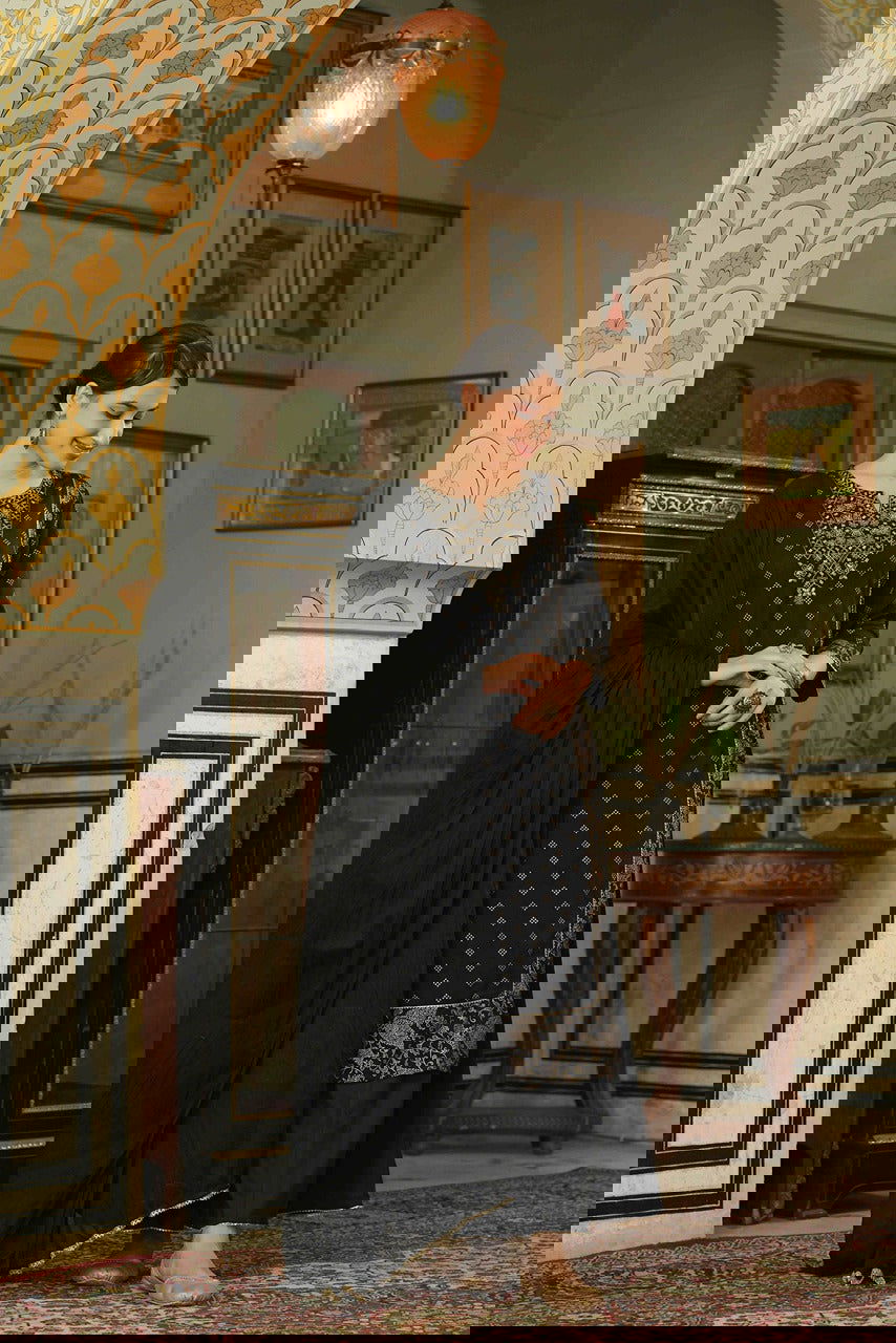 Juniper Black Ethnic Motif Printed Rayon Kurta Palazzo & Dupatta Set With Zari Work Embroidery