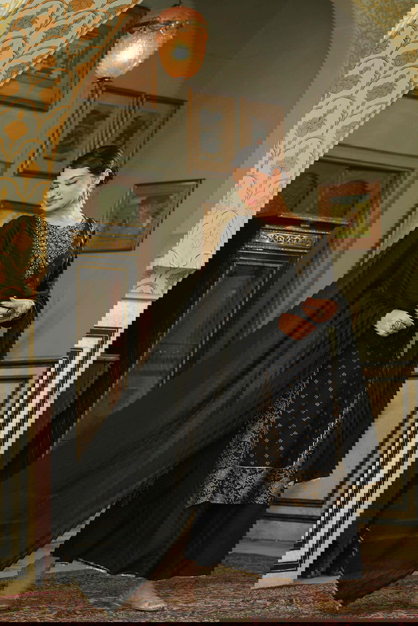 Juniper Black Ethnic Motif Printed Rayon Kurta Palazzo & Dupatta Set With Zari Work Embroidery