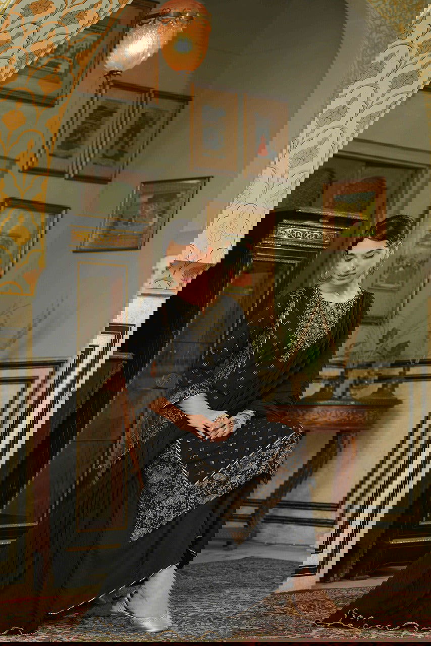 Juniper Black Ethnic Motif Printed Rayon Kurta Palazzo & Dupatta Set With Zari Work Embroidery