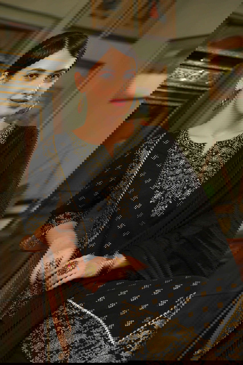 Juniper Black Ethnic Motif Printed Rayon Kurta Palazzo & Dupatta Set With Zari Work Embroidery