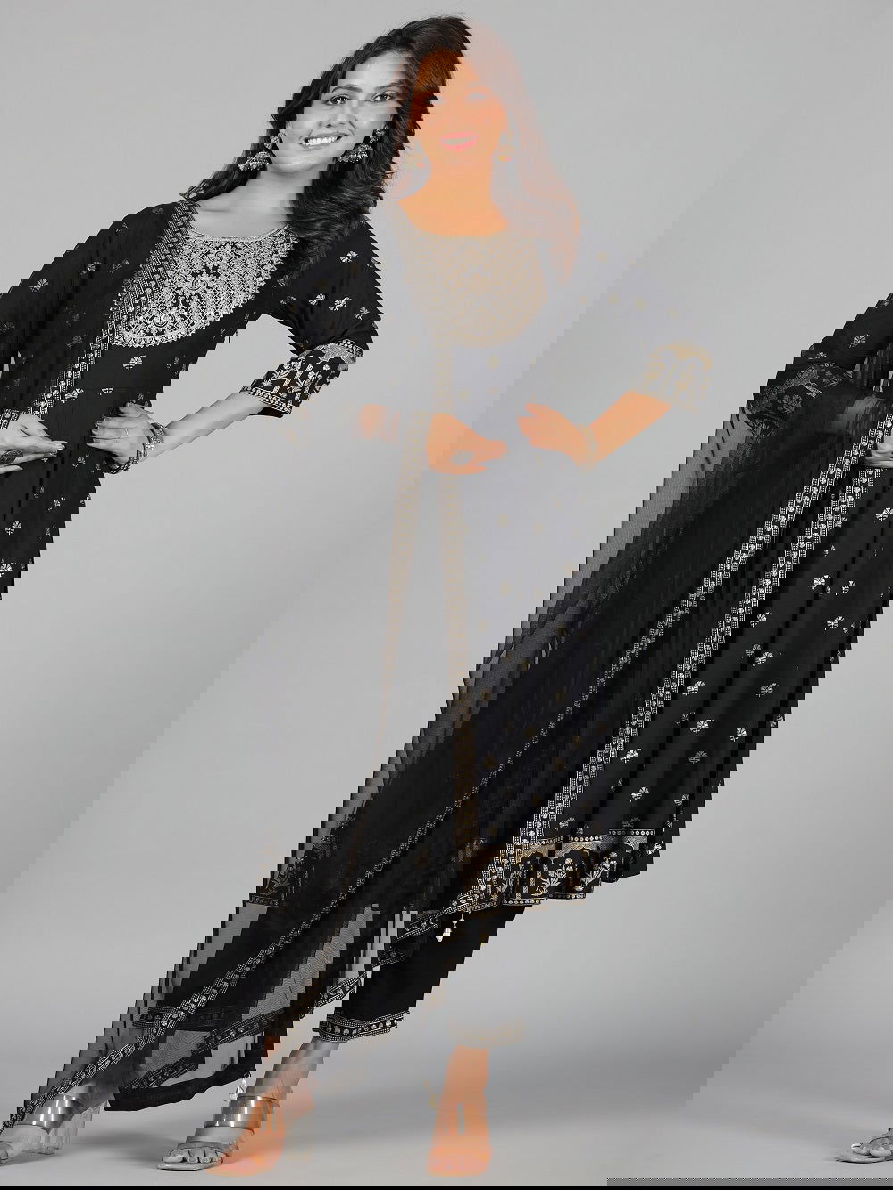 Juniper Black Ethnic Motif Printed Rayon Kurta, Pants & Dupatta Set With Zari Embroidery