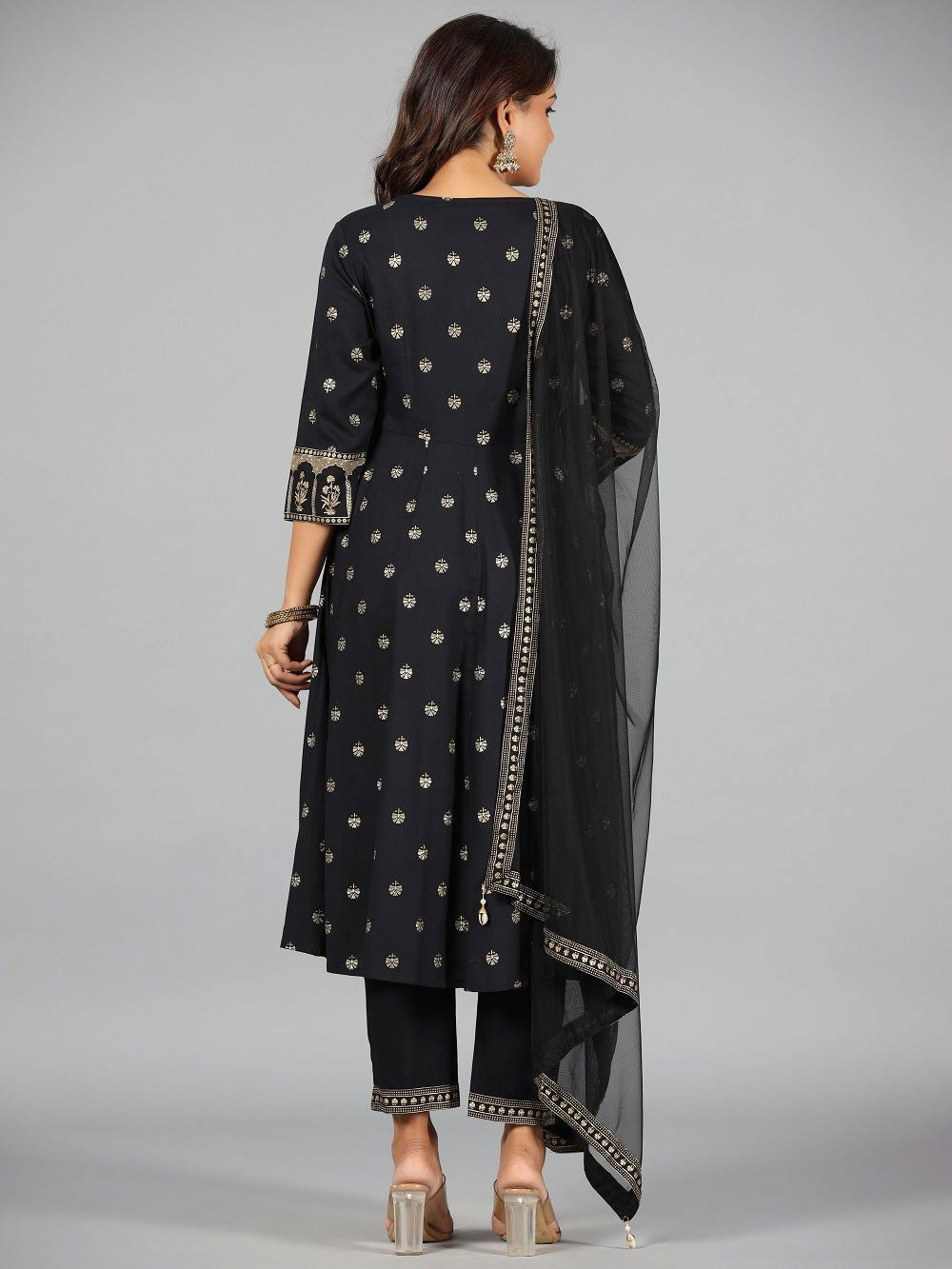 Juniper Black Ethnic Motif Printed Rayon Kurta, Pants & Dupatta Set With Zari Embroidery