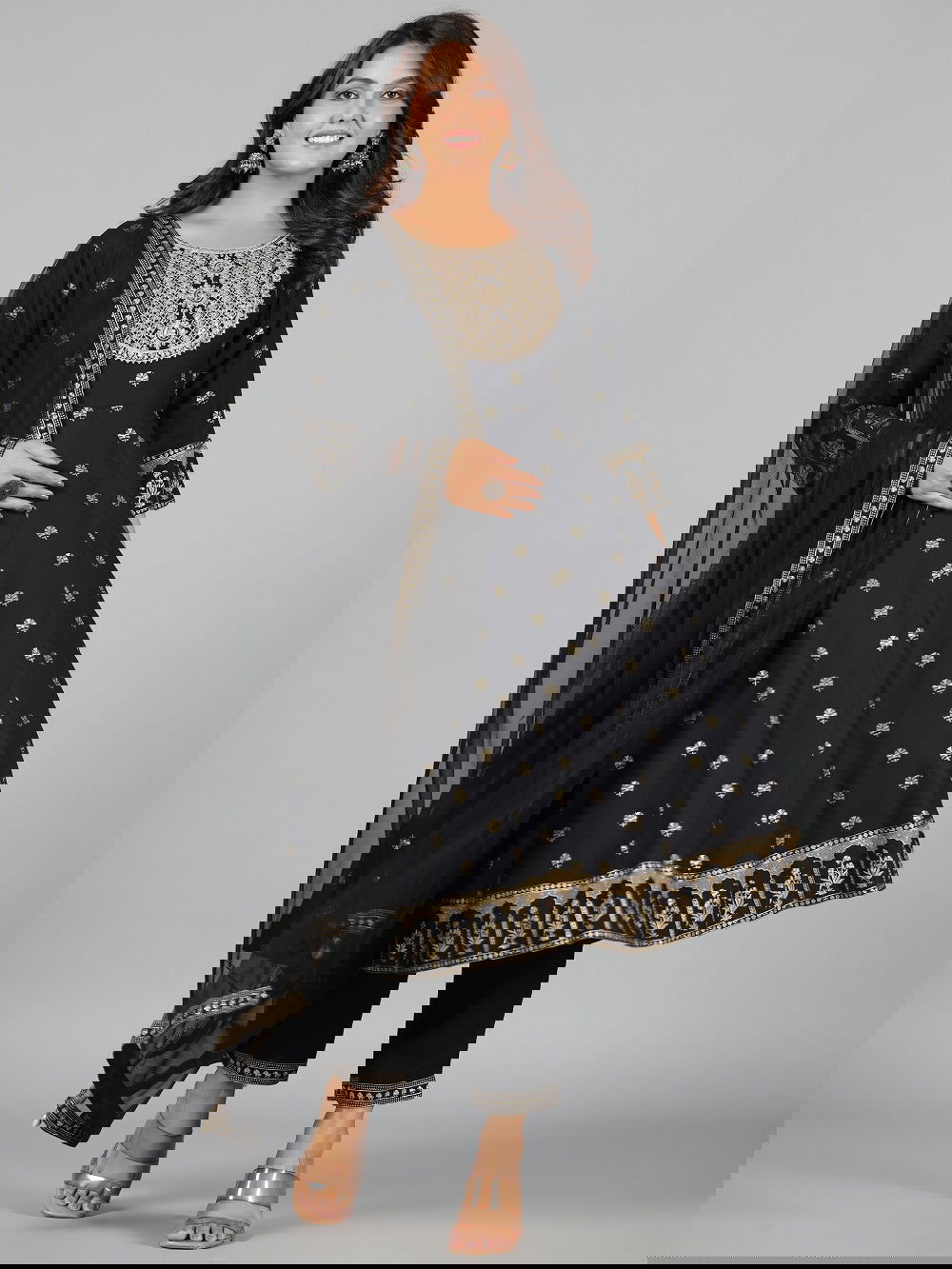 Juniper Black Ethnic Motif Printed Rayon Kurta, Pants & Dupatta Set With Zari Embroidery