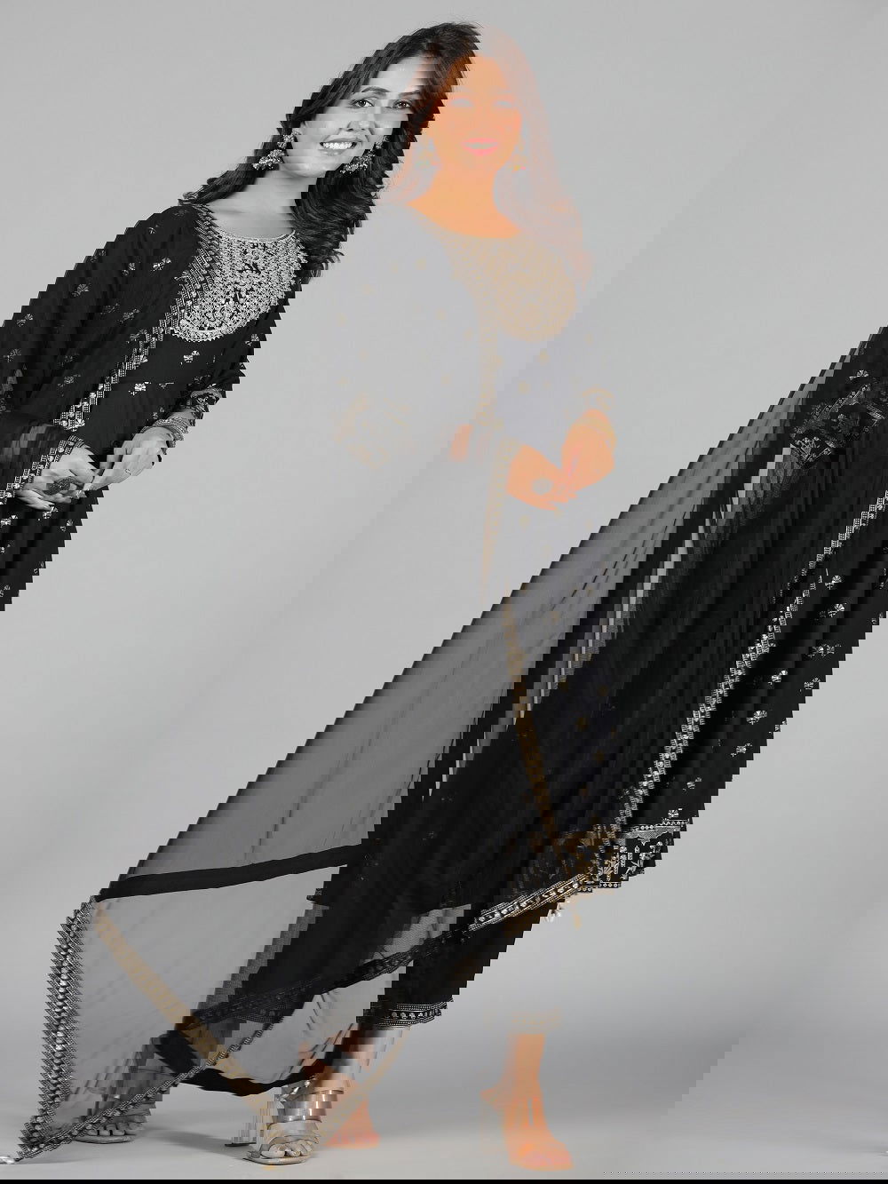 Juniper Black Ethnic Motif Printed Rayon Kurta, Pants & Dupatta Set With Zari Embroidery