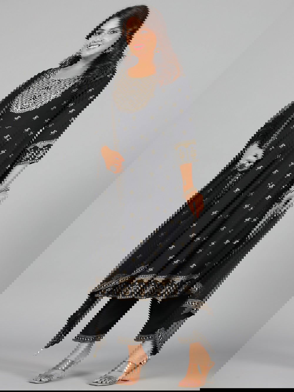 Juniper Black Ethnic Motif Printed Rayon Kurta, Pants & Dupatta Set With Zari Embroidery