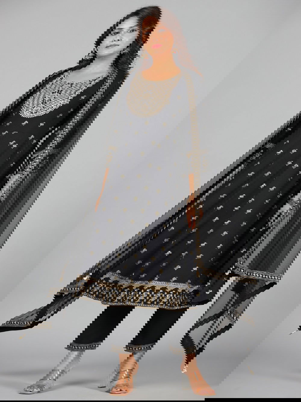 Juniper Black Ethnic Motif Printed Rayon Kurta, Pants & Dupatta Set With Zari Embroidery