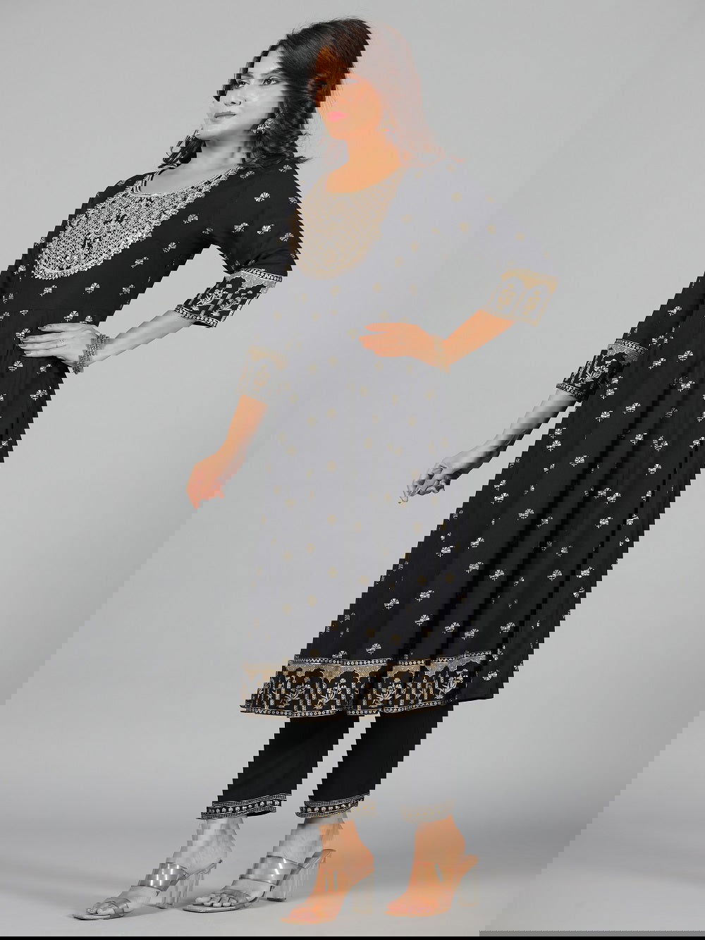 Juniper Black Ethnic Motif Printed Rayon Kurta, Pants & Dupatta Set With Zari Embroidery