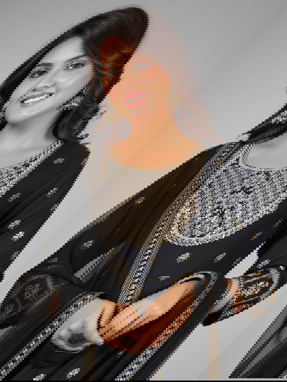 Juniper Black Ethnic Motif Printed Rayon Kurta, Pants & Dupatta Set With Zari Embroidery