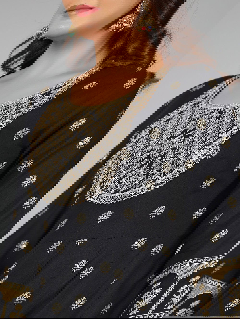 Juniper Black Ethnic Motif Printed Rayon Kurta, Pants & Dupatta Set With Zari Embroidery