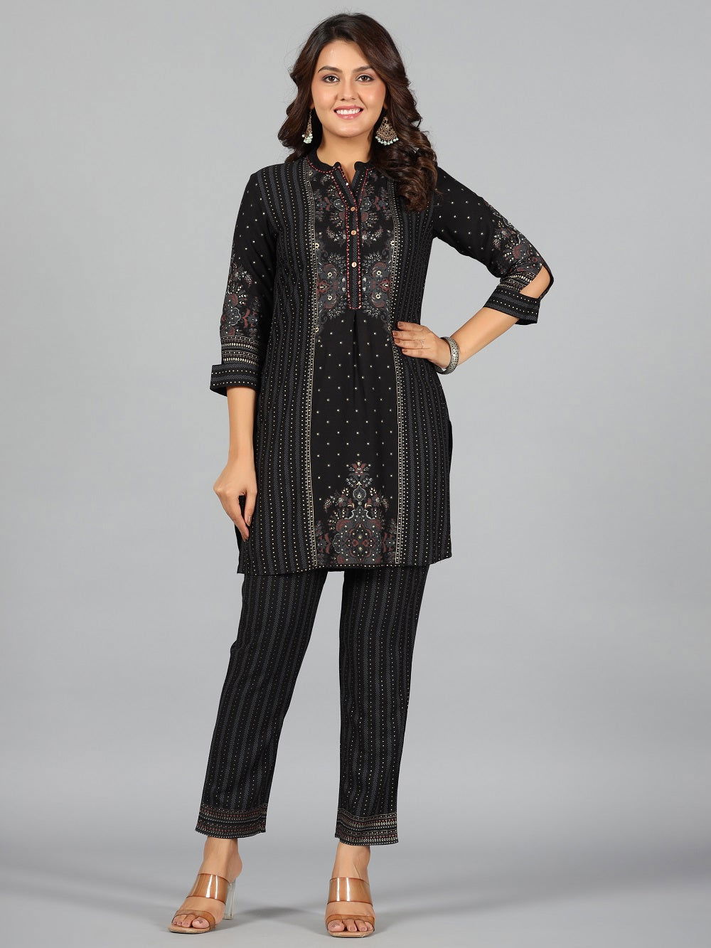 Juniper Black Ethnic Motif Printed Rayon Kurta Pants Set.