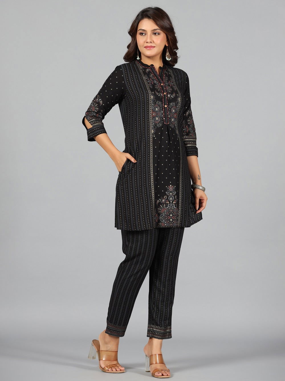 Juniper Black Ethnic Motif Printed Rayon Kurta Pants Set.