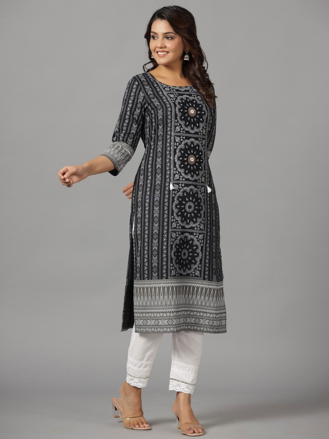 Juniper Black Ethnic Motif Printed Rayon Slub Kurta With Beads & Sequins Work