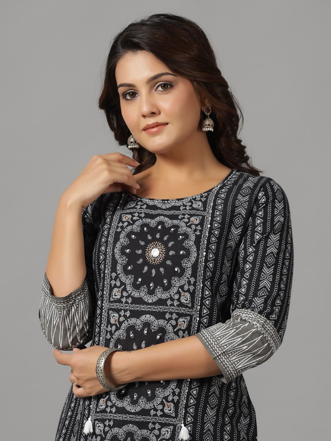 Juniper Black Ethnic Motif Printed Rayon Slub Kurta With Beads & Sequins Work