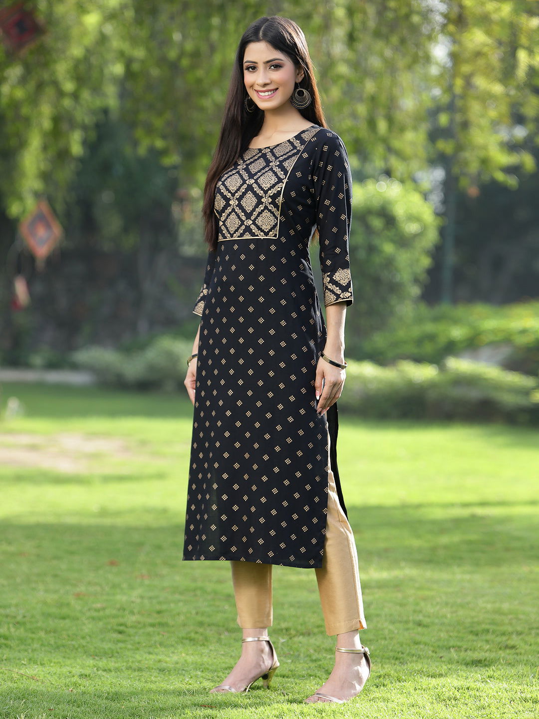 Juniper Black Ethnic Motif Printed Rayon Straight Kurta.